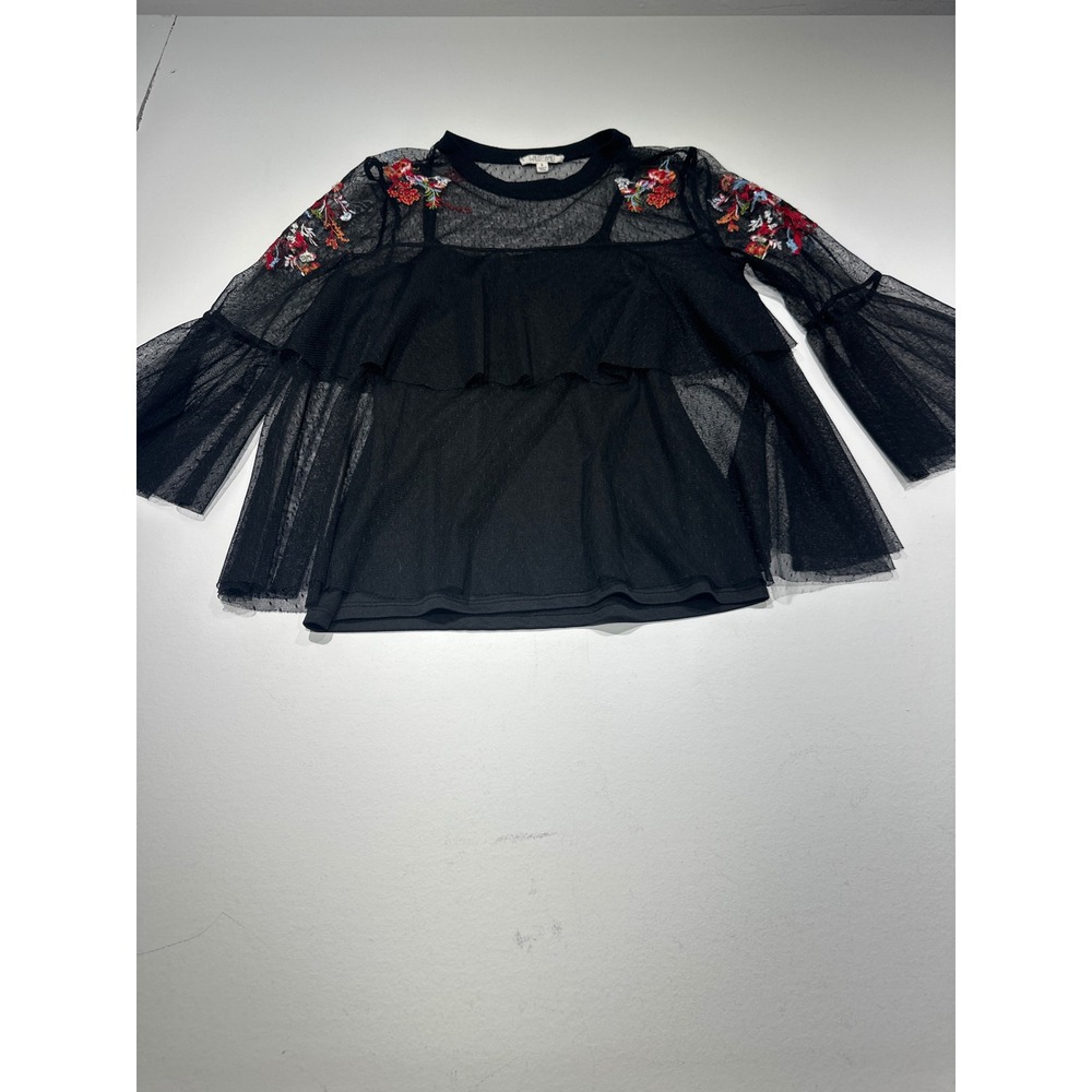 Wild Hart Black Sheer Mesh Floral Embroidered Bell Sleeve Ruffle Top Small
